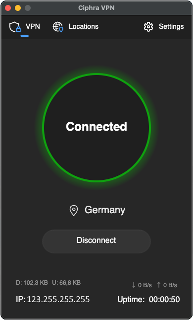 Ciphra VPN app connected screen